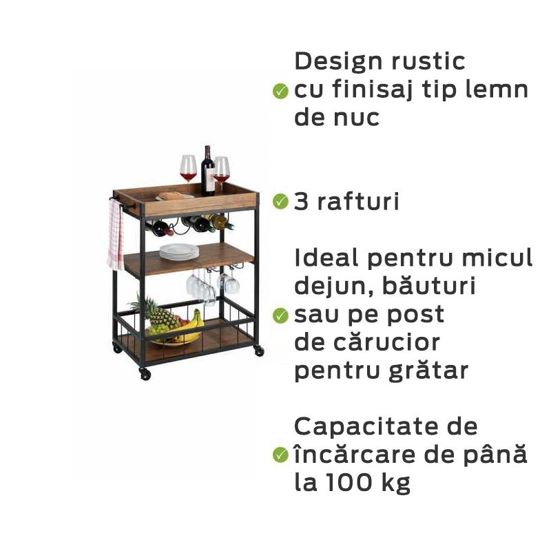 Mini bar rustic cu 3 rafturi, 80x89,5x40 cm, metal si MDF, Wenko 54125100
